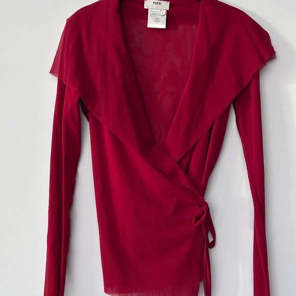 Elegant Italian Luxury: Red Tulle Fuzzi Cache Coeur Top - Picture 2 of 5
